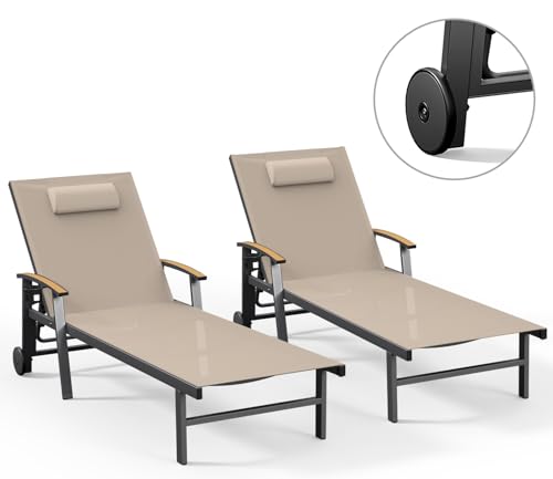 Ciokea Outdoor Lounge Chair with Pillow Set of 2, 5-Position Aluminum Chaise Lounge with Wheels & Armrests, 400 lbs Heavy Duty Patio Pool Chair for Backyard, Deck, Beach & Poolside, Khaki
