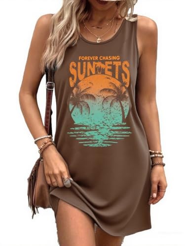 Image of Summer Tank Dress for Women Sunset Palm Tree Beach Vacation Cover Up