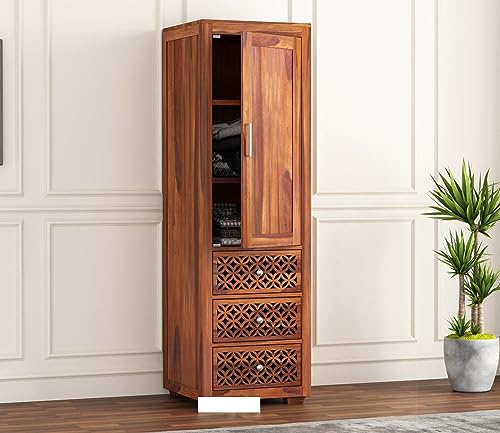 Image of Sheesham Wood Wooden Single Door Wardrobe Organizer for Clothes | - Solid Wood Almirah with 3 Drawers, 3 Shelves - Cupboard for Large Bedroom (Design 28)