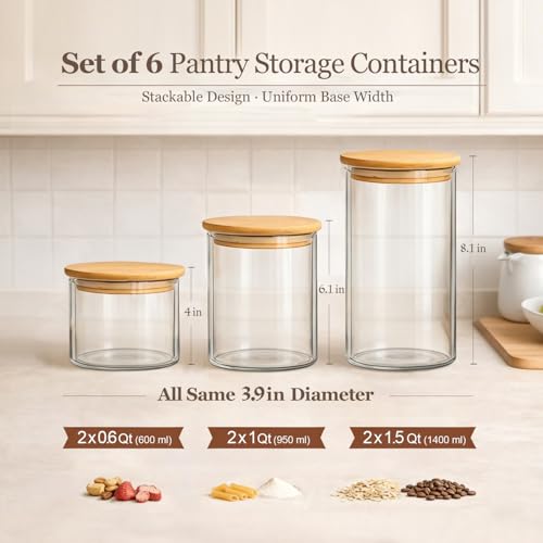 Image of ComSaf Glass Storage Containers with Lids, Set of 6 Jars (0.6Qt /1Qt /1.5Qt)
