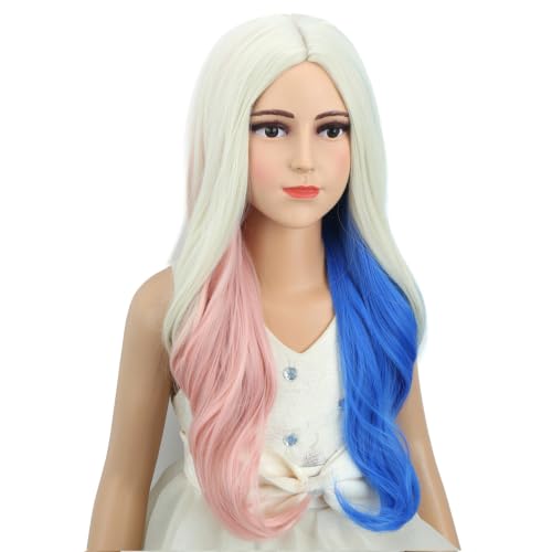 Image of Pink and Blue Wig for Kids Girls Long Blonde Mixed Pink Blue Wavy Curly Wig Children Middle Part Wigs Heat Resistant Synthetic Wigs with Cap