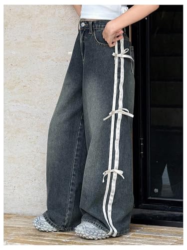 Girl's Striped Baggy Jeans Y2k Bowknot Wide Leg Denim Pants with Pockets Streetwear3