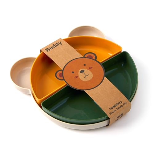 Image of Tucklebery Buddy Toddler Plates and Bowls Set | 1 Bear Plate + 4 Bowls | Dinnerware Set for Baby and Children | BPA Free - Eco Friendly - Not Smell (Beige-Yellow-Green)