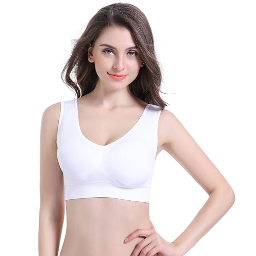Image of PRETTYWELL Sleep Bras for Women, Comfort Seamless Wireless Stretchy Sports Bra,3 Pack Yoga Bras, with Removable Pads