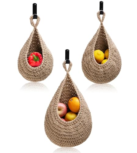 HOOTO 3 Pack Hanging Fruit Baskets for Kitchen Boho Wall Hanging Fruit Baskets with 3 Hooks Handwoven Holder Teardrop Home Produce Basket for Fruits Vegetable Potato Onion Storage Brown