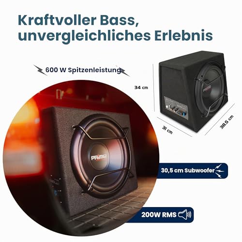 Caliber Subwoofer Aktiv Set für Auto - 12 Zoll Bassbox mit Verstärker 600W Spitzenleistung, 200W...