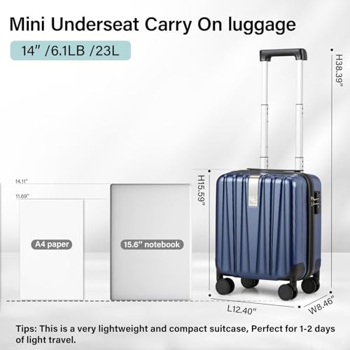 Image of Hanke 14 Inch Underseat Carry On Luggage with Wheels Hard Shell Suitcases Lightweight Small Luggage for Weekender Mini Suitcase Carry On Bag Travel Luggage Christmas Gifts for Birthday (Dark Blue)