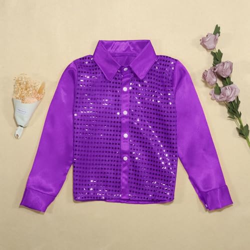 Kids Girls Sparkly Sequins Dance Top Boys Long Sleeve Button Down Shirt for Jazz Dance Long Sleeve (Purple, 3-4 Years)3