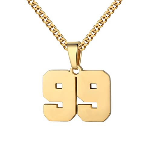 Number Necklace for Men 0-99 Athletes Jersey Number Necklace Stainless Steel Chain 22+2 inch Personalized Number Charm Pendant Inspirational Jewelry Basketball Baseball Football Gift for Men(Gold99)