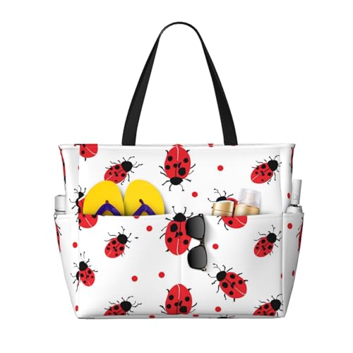 Ladybugs Pattern Beach Bag Cute Bird Pool Bag for Women Waterproof Large Travel Tote with Zipper Organizer for Swimming Vacation Essentials