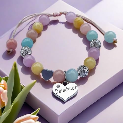 Image of DOLON Handmade Crystal Beaded Heart Charm Bracelet for Daughter Adjustable Birthday Christmas Jewelry Gift from Mom Dad