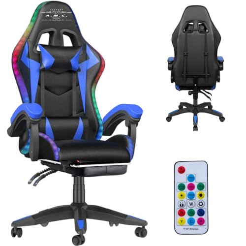 A.M.C. Silla Gaming RGB con luces LED y silla ergonómica, silla de oficina giratoria, con ruedas, reposacabezas y cojín lumbar, capacidad de carga: 125 kg, con respaldo alto de piel (azul)