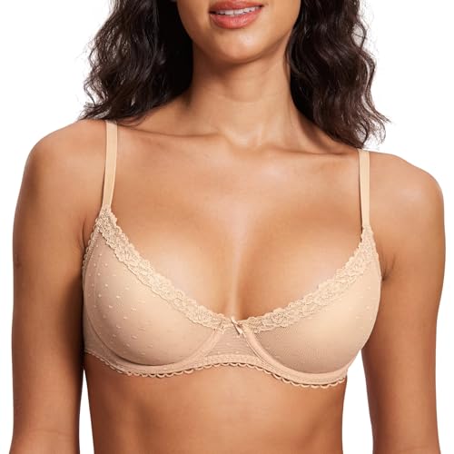 Image of DOBREVA Women's Sheer Mesh Demi Bra Underwire Balconette | Dotted Mesh, Lace Trim, See Through, Plus Size, Smooth, Soft
