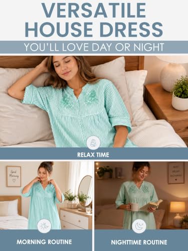 Image of Casual Nights Women's Zip Front Woven House Dress | 3 /4 Sleeves Housecoat Long Duster Lounger