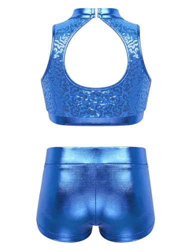 Kids Girls 2 Piece Gymnastics Dance Outfits Shiny Sequins Crop Top with Workout Bottoms Set2