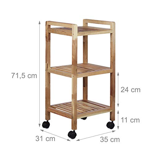 Relaxdays Bathroom Shelving with Wheels, Wooden, HxWxD: 71.5 x 35 x 31 cm, Handles, Rotating, 3 Shelves, Kitchen Rack, Natural Relaxdays Bathroom Shelving with Wheels, Wooden, HxWxD: 71.5 x 35 x 31 cm, Handles, Rotating, 3 Shelves, Kitchen Rack, Natural