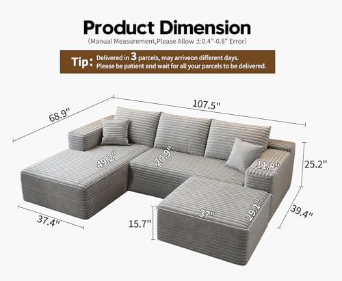 Image of 107.5 inch Cloud Modular Sectional Couch with 1 Ottoman,Modern Minimalist Upholstered Couches, Comfort U Shaped Sofa for Living Room,Deep Seat Corner Couch,No Assembly Required (Grey,Left Facing Chaise)