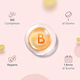 Vitamina B Complex, 365 Compresse Vegane, 1 al Giorno (1 Anno), con Biotina, Acido Folico, Riboflavina, Inositolo, Vitamina B12, B1, B3, B4, B5, B6 e Vit C (Acido Ascorbico), Senza Magnesio Stearato