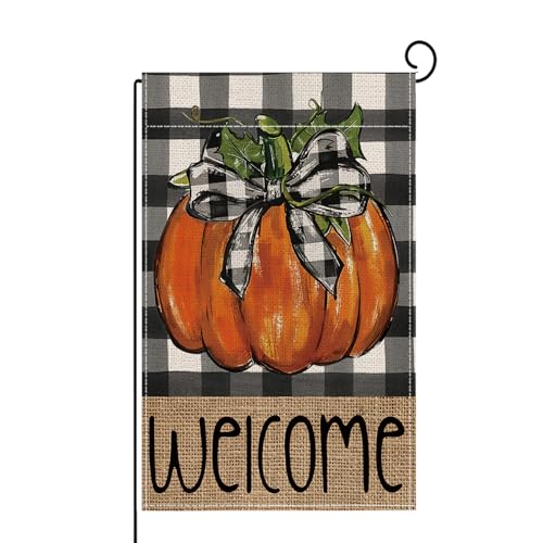 ONFAON Fall Decorations for Home, Fall Welcome Garden Flag Pumpkin Double Sided Decorative Flag，Autumn Thanksgiving Holiday Harvest Buffalo Plaid Yard Outdoor Decoration 12x18 Inch HYQ03