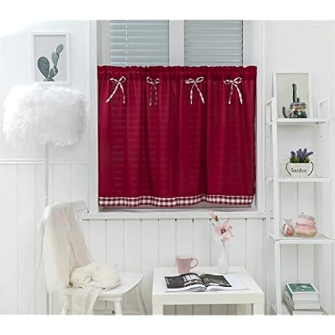 Dreamskull short curtains small window short country style vintage opaque panel curtains modern kitchen chequered 90 cm high set of 2 living room, Cotton and polyester, wine red, 74 x 90 cm*2 Cover