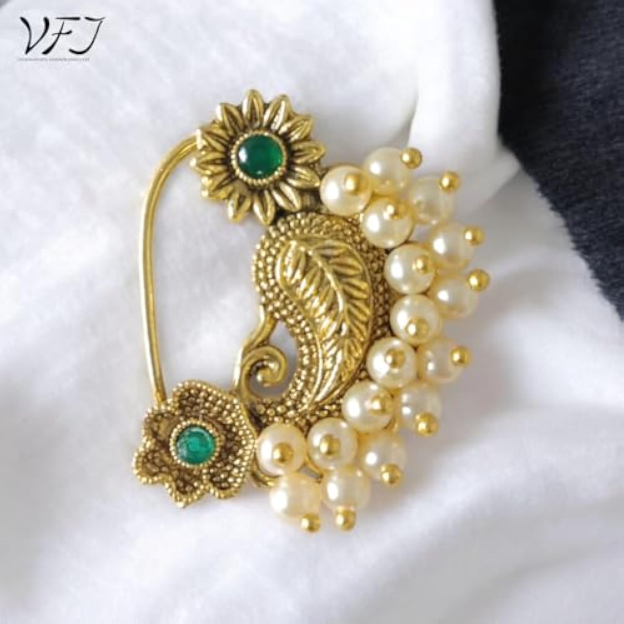 Women's Gold Plated Pearls Mayur Pankh Nose Pin
