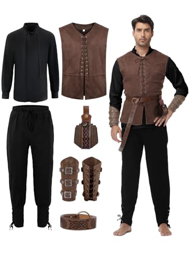 Dicxoser Renaissance Medieval Costume for Men - Pirate Viking Costume 7 Pcs Set Medieval Renaissance Cosplay Halloween Outfit (Brown-B L)