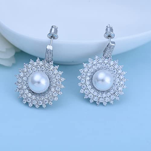 Boucles d'oreilles halo perle en plaqué argent et zircones d'exception
