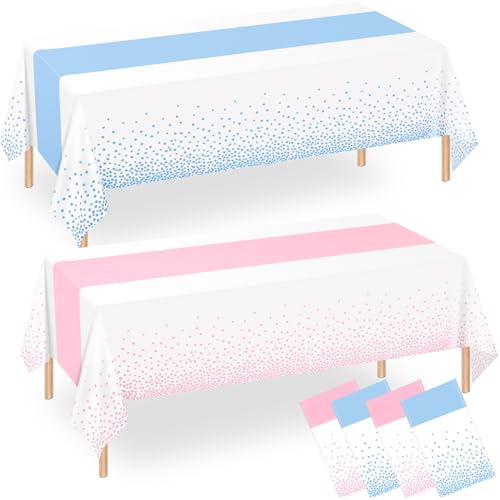 Image of WNINK 4 Pack Pink and Blue Tablecloths, Gender Reveal Disposable Plastic Waterproof Table Cover for Boy or Girl Gender Reveal Party, Baby Shower, Birthday Party Decorations 54 inch x 108 inch