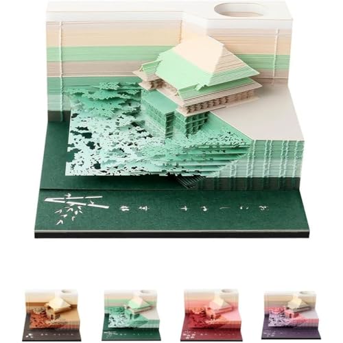 Juxkov 3Dメモ帳、3D付箋、ペンホルダー付き芸術的パッド、切り離せる、ペーパークラフトビルディングブロック、多機能ポストノート、オフィスホームデコレーション用メモパッド (清水寺-緑)