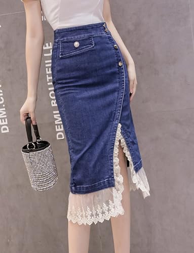 Kisidoo Women's Split Denim Skirt with Lace Stitching at Hem2