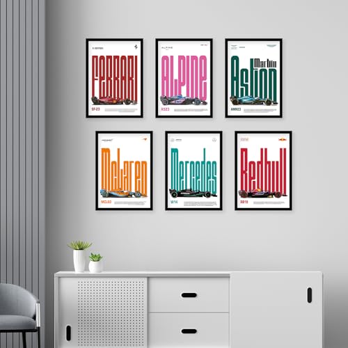 Image of CodersParadise - F1 Cars Wall Poster Frames - Pack Of 6 | 8 x 12cm (A4 Size) | Aesthetic Artwork Framed Posters | Framed Posters For Living Room, Bedroom, Home And Office