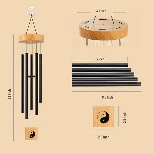 Image of 6 Pipe Wind Chimes for Home & Balcony - 28 Inch Aluminum Chime with Pleasant Soothing Tones | Positive Energy & Good Luck Outdoor Garden Decor | Housewarming Gift for Home & Patio (Black)