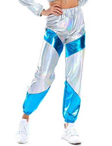 Uaneo Womens Shiny Color Block Metallic Holographic Elastic Waist Jogger Pantsï¼ˆSilver-Sï¼‰