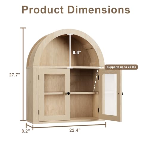 Image of ChooChoo Arched Wall Cabinet with Acrylic Doors, Bathroom Cabinet Wall Mount Over The Toilet with Display Shelf, Wooden Storage Cabinet for Kitchen, Living Room or Entryway, Natural