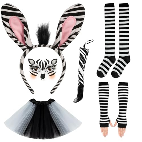 BrKern 6 Stück Zebra Kostüm Set, Karneval Kostüm, Handschuhe, Socken, Rock, Stirnband, Schwanz, temporäres Gesichtstattoo für Tierkostüm...
