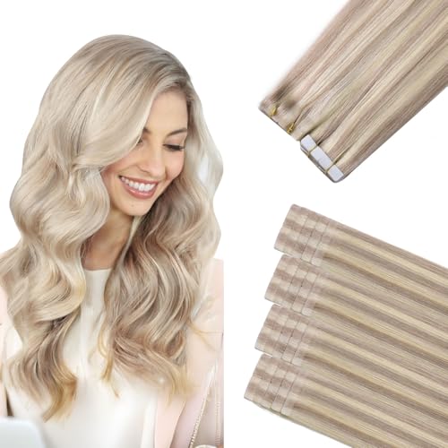 Image of Sindra Invisi Edge Tape in Hair Extensions Human Hair Blonde 18 Inch | Dirty Blonde Highlighted Bleach Blonde, 50g 20pcs, Seamless Injected Tape ins, Invisible Extensions Remy Hair, Straight