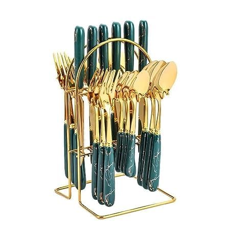 Image of Artek Stainless Steel Spoons, Forks & Knives Set of 24 with Stand and Ceramic Handle Golden Cutlery Set (Green)