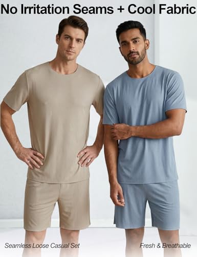 Image of Venzina Men's Ribbed Seamless Lounge Set -Loose Fit Cooling 4-Way Stretch Pajamas for Home, Outdoor, Relaxed Activities