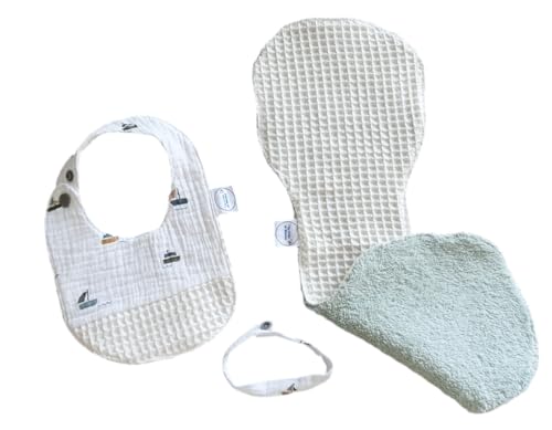 Kit de naissance pour bébé, bavoir en gaze de coton, protège-épaule en coton éponge, bracelet en gaze de coton motif Bateaux