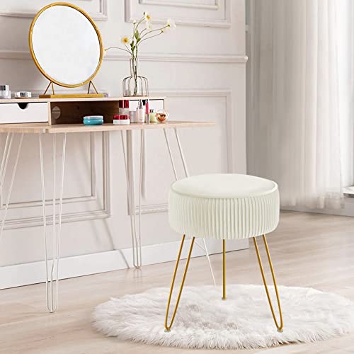 Gerant Multifunctional Vanity Stool,Modern Vanity Stools For Makeup Room,Velvet Round Ottoman Footrest Stool With Metal Legs, Upholstered Pleated Vanity Chair Stool For Living Room,Offices(Beige) #TOP5
