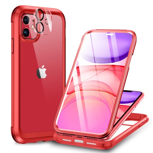 Image of Miracase Glass Series for iPhone 11 Case 6.1 inch, Upgraded Full-Body Rugged Phone Bumper Case Cover with Built-in 9H Tempered Glass Screen Protector and Camera Protector, Red