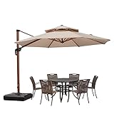 PURPLE LEAF Alu Holzoptik Ampelschirm Sonnenschirm Ø 330 cm Drehbar Neigbar Kippbar Gartenschirm Groß 360°Drehbar mit Kurbel Doppeldach, XXL Beige