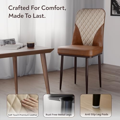 Image of IKON Premium Leather Dining Chair with Cushioned Seat & Metal Legs | Premium Accent Chair for Living Room, Bedroom & Balcony | D.I.Y (Saddle Cream)
