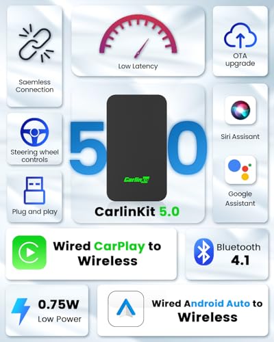 Carlinkit Adaptador automotivo 5.0 Wireless CarPlay/Android – Converta CarPlay com fio e Android Aut