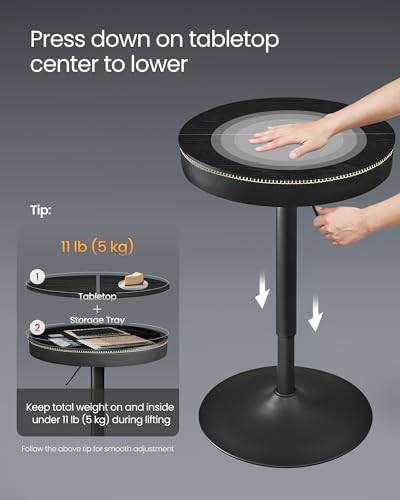 Image of VASAGLE Height Adjustable Bar Table, Round High Pub Table with Storage | PU Leather with Stitching, Transitional, Ink Black, EKHO Collection ULBT022B01