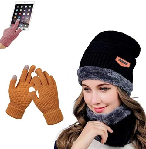 REFFER Women Winter Woolen Beanie Cap and Neck Scarf Warmer and Touch Screen Gloves Set Snow Proof, Inside Fur, Warm Woolen Cap for Women, Girl's (Free Size)