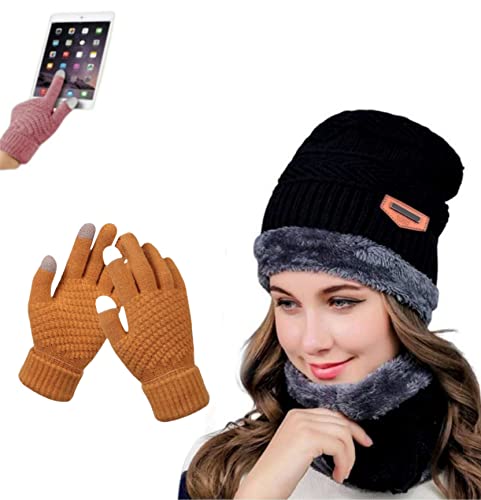 REFFER Women Winter Woolen Beanie Cap and Neck Scarf Warmer and Touch Screen Gloves Set Snow Proof, Inside Fur, Warm Woolen Cap for Women, Girl's (Free Size)