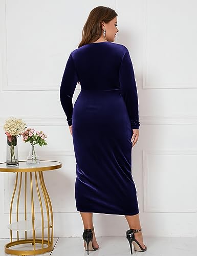 Image of ZOMVA Plus Size Velvet Wrap Dress Ruched Bodycon Dress Long Sleeves Ruffle Long Elegant Party Wedding Guest Cocktail Holiday