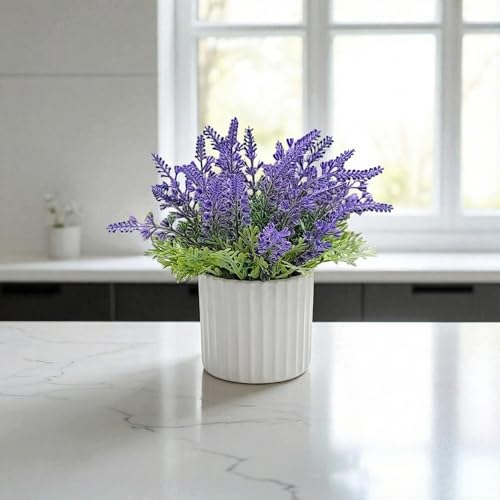 Image of CURATED CART Artificial Lavender Plant in White Pot - Faux Purple Lavender Flowers for Home Decor - Small Fake Plants for Bathroom, Bedroom, Kitchen, Office, Farmhouse - Potted Indoor Decor