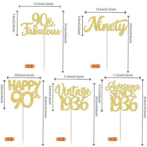 Image of 15 PCS 90th Birthday Centerpiece Sticks Double Sided Ninety Happy 90th Vintage 1936 Table Flower Centerpieces Sticks Cheers to 90 Fabulous Floral Decorations for 90th Birthday Party Supplies Gold